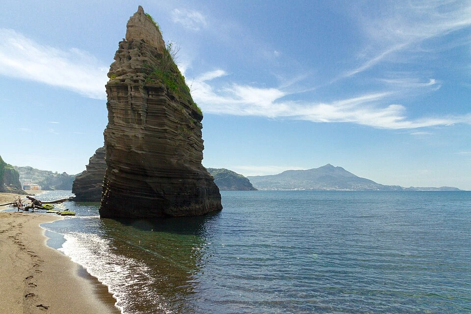 Chiaiolella beach in Procida with Vivara island in the background